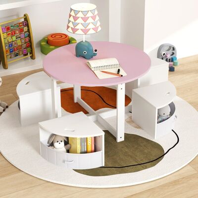 Costway Kindertisch mit 4 Stühlen rund 5 teilige Kindersitzgruppe aus Holz mit 4 Stauraumhocker Rosa Costway Kindertisch mit 4 Stühlen rund 5 teilige Kindersitzgruppe aus Holz mit 4 Stauraumhocker Rosa