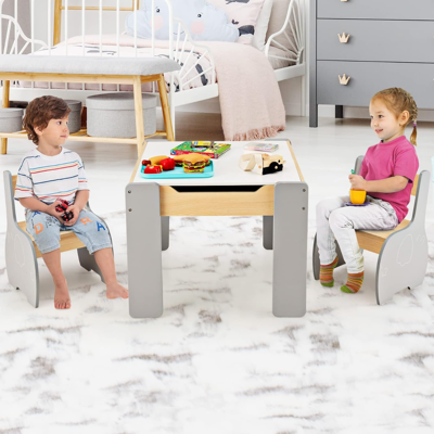 Costway 4 in 1 3tlg. Kindersitzgruppe aus Holz mit Abnehmbarer Tafel & Stauraum Grau Costway 4 in 1 3tlg. Kindersitzgruppe aus Holz mit Abnehmbarer Tafel & Stauraum Grau