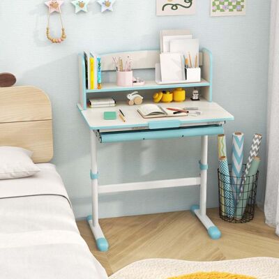Costway Höhenverstellbarer Schreibtisch mit Neigbarer Tischplatte & Schublade & Regal Kinder Studiertisch Blau Costway Höhenverstellbarer Schreibtisch mit Neigbarer Tischplatte & Schublade & Regal Kinder Studiertisch Blau