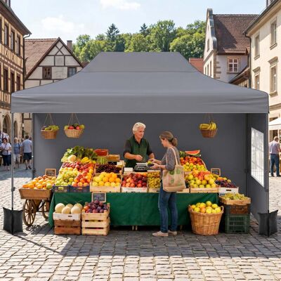 Costway 3 x 4,5 m Pop-up-Pavillon Wetterfester Faltpavillon mit 4 Seitenwänden Metallrahmen & Sandsäcken Grau Costway 3 x 4,5 m Pop-up-Pavillon Wetterfester Faltpavillon mit 4 Seitenwänden Metallrahmen & Sandsäcken Grau