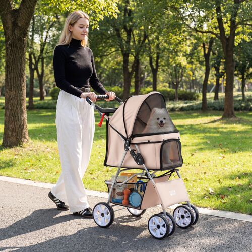 Costway Faltbarer Haustierwagen mit atmungsaktivem Netz wasserfestem Bezug Geländereifen Beige