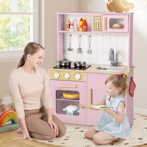 Costway Holz Kinderküche mit Mikrowelle & Herd & Spüle & Backofen Spielküche Kinder Küche Rosa