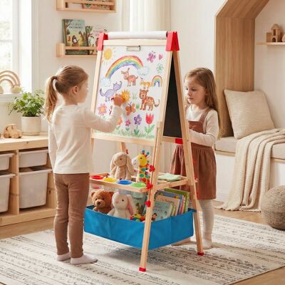 Costway Doppelseitige Spieltafel mit Magnettafel & Whiteboard Höhenverstellbare Standtafel mit Papierrolle Costway Doppelseitige Spieltafel mit Magnettafel & Whiteboard Höhenverstellbare Standtafel mit Papierrolle