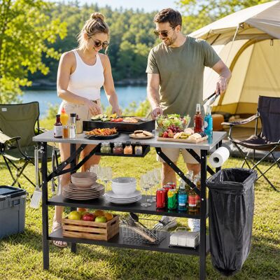 Costway Klappbarer Campingtisch mit 2 Edelstahl Arbeitsplatten Tragbarer Grilltisch mit Gewürzregal Costway Klappbarer Campingtisch mit 2 Edelstahl Arbeitsplatten Tragbarer Grilltisch mit Gewürzregal
