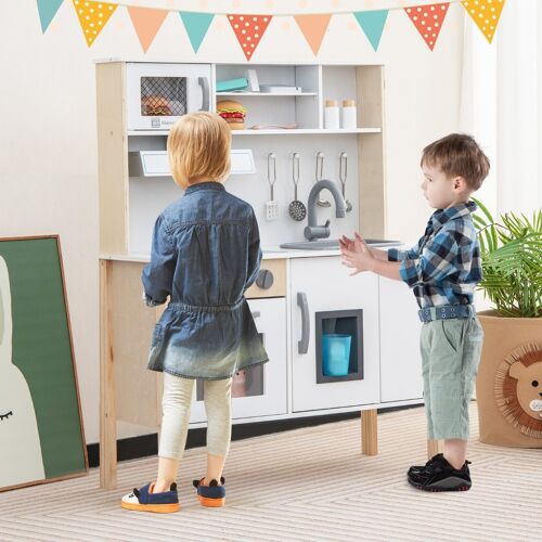 Costway Kinderküche Spielset Holz Spielküche mit Mikrowelle 72 x 30 x 90 cm Weiß