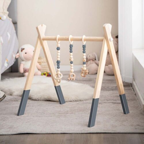 Costway Baby Gym Babyspielgerät Spieltrapez Spielbogen Holzspielzeug Aktivitätszentrum mit 3 Kinderspielzeugen-Grau