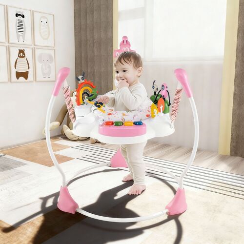 Costway Baby-Wippe & -Springer mit 6 Interaktiven Spielzeugen & Lichtern & Musik Rosa