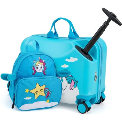 Costway 2tlg Kinderkoffer + Rucksack 47 cm Langer Aufsitzkoffer und 30 cm Breiter Rucksack Blau Einhorn Costway 2tlg Kinderkoffer + Rucksack 47 cm Langer Aufsitzkoffer und 30 cm Breiter Rucksack Blau Einhorn