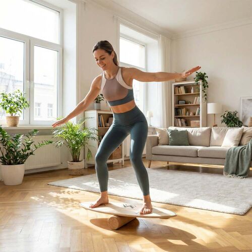 Costway Balance Board aus Holz mit stabilisiertem Korkroller & 11-lagiges Birkenholz Natur