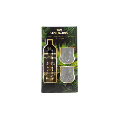 Ron Centenario Gran Reserva 25 Jahre 40% Vol. 0,7 Liter Geschenkset mit 2 Tumblern Ron Centenario Gran Reserva 25 Jahre 40% Vol. 0,7 Liter Geschenkset mit 2 Tumblern