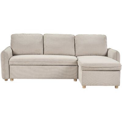 Miliboo Ecksofa mit umkehrbarer Schlaffunktion und Stauraum, 3-Sitzer in strukturiertem Samt-Optik Stoff beige und hellem Holz ORSO Miliboo Ecksofa mit umkehrbarer Schlaffunktion und Stauraum, 3-Sitzer in strukturiertem Samt-Optik Stoff beige und hellem Holz ORSO