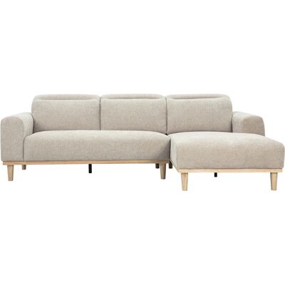 Miliboo Ecksofa rechts 3-Sitzer mit verstellbaren Kopfstützen in beige samtartigem strukturiertem Stoff und hellem Holz HORACIO Miliboo Ecksofa rechts 3-Sitzer mit verstellbaren Kopfstützen in beige samtartigem strukturiertem Stoff und hellem Holz HORACIO