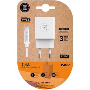 tech-one-tech Tech One Tech TEC2403 Wandladegerät 2xUSB 2.4A + USB-C-Kabel Weiß tech-one-tech Tech One Tech TEC2403 Wandladegerät 2xUSB 2.4A + USB-C-Kabel Weiß