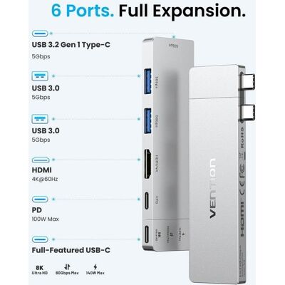 Dock USB-C Vention THZH0 HDMI 4K USB 3.0 Thunderbolt Dock USB-C Vention THZH0 HDMI 4K USB 3.0 Thunderbolt