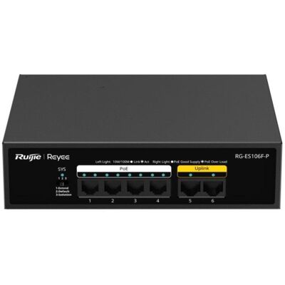 Switch Ruijie RG-ES106F-P 6x RJ45 10/100Mbps 4x PoE+ 2x Uplink Metallgehäuse Switch Ruijie RG-ES106F-P 6x RJ45 10/100Mbps 4x PoE+ 2x Uplink Metallgehäuse