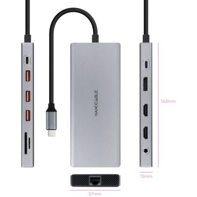 Nanocable Hub USB-C 12in1 Aluminium Grau 18 cm USB 3.2 Gen 1 100W Power Delivery Nanocable Hub USB-C 12in1 Aluminium Grau 18 cm USB 3.2 Gen 1 100W Power Delivery