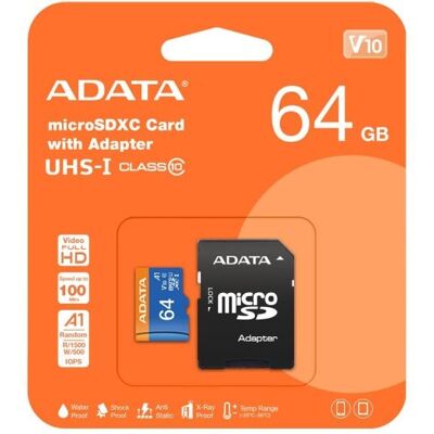 microSDHC ADATA 64GB UHS-I Class 10 85MB/s 25MB/s inkl. SD-Adapter microSDHC ADATA 64GB UHS-I Class 10 85MB/s 25MB/s inkl. SD-Adapter