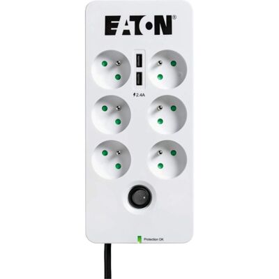 Eaton PB6TUF Schutzleiste mit 6 Steckdosen, 2 USB-Ladegeräten und 1 RJ11-Anschluss, 1,5 m Eaton PB6TUF Schutzleiste mit 6 Steckdosen, 2 USB-Ladegeräten und 1 RJ11-Anschluss, 1,5 m
