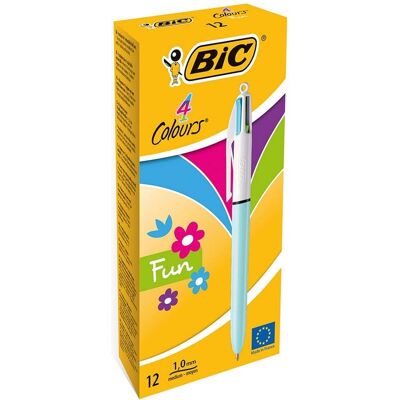 bicwoeld Bic Fun 4 Farben Box 12 Druckkugelschreiber Pastellblaues Gehäuse bicwoeld Bic Fun 4 Farben Box 12 Druckkugelschreiber Pastellblaues Gehäuse