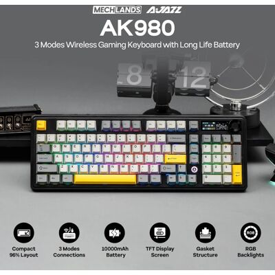 AJAZZ AK980 V2 Drei-Modus Hot-Swap-fähige Anpassbare Kabellose Mechanische Tastatur, E-Sport-Gaming, Seitlich Beschriftet, Kabelgebunden & Kabellos für AJAZZ AK980 V2 Drei-Modus Hot-Swap-fähige Anpassbare Kabellose Mechanische Tastatur, E-Sport-Gaming, Seitlich Beschriftet, Kabelgebunden & Kabellos für