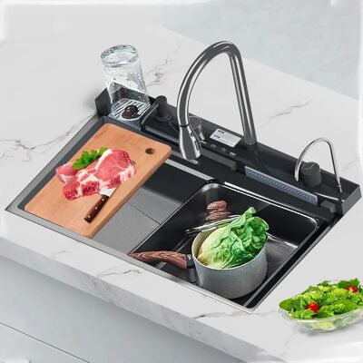 DWiusty Wasserfall-Küchenspüle aus Edelstahl 304, großes Einzelschlitz-Wasserhahn-Set mit integrierter Digitalanzeige, Seifenspender, Tassenwascher DWiusty Wasserfall-Küchenspüle aus Edelstahl 304, großes Einzelschlitz-Wasserhahn-Set mit integrierter Digitalanzeige, Seifenspender, Tassenwascher