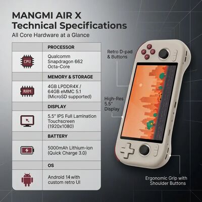 MANGMI Air X Android-Retro-Handheld-Spielkonsole, 5,5-Zoll-IPS-Touchscreen mit 1080p, Snapdragon 662, Hall-Joystick, tragbare Emulationskonsole, unterstützt PS2-/PSP-/N64-Spiele, 5000-mAh-Akku, MANGMI Air X Android-Retro-Handheld-Spielkonsole, 5,5-Zoll-IPS-Touchscreen mit 1080p, Snapdragon 662, Hall-Joystick, tragbare Emulationskonsole, unterstützt PS2-/PSP-/N64-Spiele, 5000-mAh-Akku,