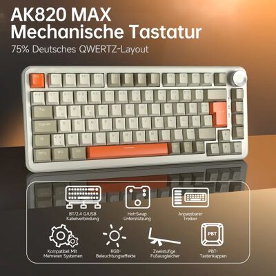AJAZZ AK820 Gaming-Tastatur mit mechanischen Tasten, deutsches Tastaturlayout, ISO-DE QWERTZ, Hot-Swap-fähig, Lautstärkeregler, Weihnachtsgeschenk AJAZZ AK820 Gaming-Tastatur mit mechanischen Tasten, deutsches Tastaturlayout, ISO-DE QWERTZ, Hot-Swap-fähig, Lautstärkeregler, Weihnachtsgeschenk