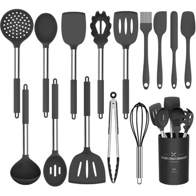 NONE Silikon-Kochutensilien-Set, 15-teiliges Silikon-Küchenhelfer-Set, Antihaftbeschichtet - Beste Küchenutensilien mit Edelstahlgriff - Schwarze Küchenutensilien NONE Silikon-Kochutensilien-Set, 15-teiliges Silikon-Küchenhelfer-Set, Antihaftbeschichtet - Beste Küchenutensilien mit Edelstahlgriff - Schwarze Küchenutensilien