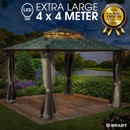 Brast Alu Pavillon PAGODE 4x4m hellgrau mit Moskitonetz & LED-Beleuchtung