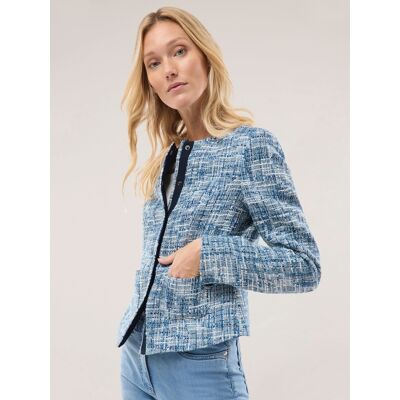 Walbusch Boucleblazer mit Rundhals, Kurzgrößen, Farbe Blau, 46, Bouclé mit feinem Glanz modisch kürzer geschnitten Damen Walbusch Boucleblazer mit Rundhals, Kurzgrößen, Farbe Blau, 46, Bouclé mit feinem Glanz modisch kürzer geschnitten Damen