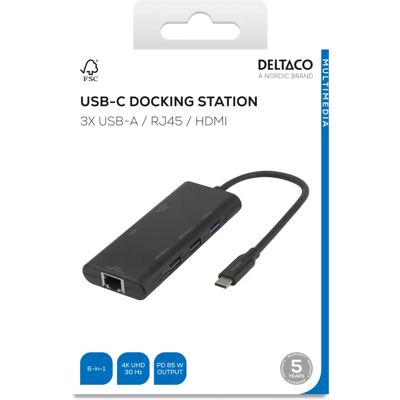Deltaco USB-C-Dockingstation, einzeln, 1x HDMI, 3x USB-A, RJ45 Deltaco USB-C-Dockingstation, einzeln, 1x HDMI, 3x USB-A, RJ45