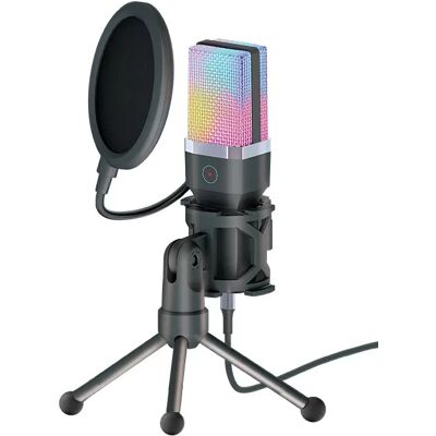 INF Schwarzes Desktop-Mikrofon mit RGB-Beleuchtung und USB-C-Adapter INF Schwarzes Desktop-Mikrofon mit RGB-Beleuchtung und USB-C-Adapter