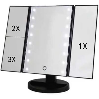 INF Beleuchteter Kosmetikspiegel 2x/3x mit 22 LEDs, Dreifachspiegel mit Touchscreen, Triptychon-Spiegel, USB-aufladbar Schwarz INF Beleuchteter Kosmetikspiegel 2x/3x mit 22 LEDs, Dreifachspiegel mit Touchscreen, Triptychon-Spiegel, USB-aufladbar Schwarz
