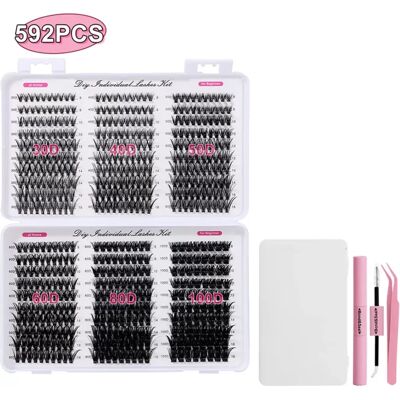 INF 592PCS DIY Wimpernverlängerungs-Set: Einzelne Falsche Wimpern, Volumen-Wimpernbüschel, mit Kleber & Pinzette INF 592PCS DIY Wimpernverlängerungs-Set: Einzelne Falsche Wimpern, Volumen-Wimpernbüschel, mit Kleber & Pinzette