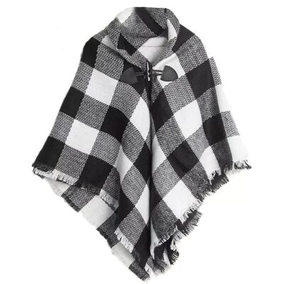 INF Stilvolles Plaid Faux Kaschmir Cape Schal mit Hornschnalle Schwarz-Weiss INF Stilvolles Plaid Faux Kaschmir Cape Schal mit Hornschnalle Schwarz-Weiss