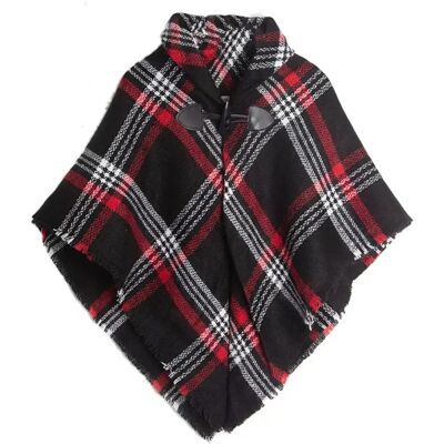 INF Stilvolles Plaid Faux Kaschmir Cape Schal mit Hornschnalle Schwarz INF Stilvolles Plaid Faux Kaschmir Cape Schal mit Hornschnalle Schwarz