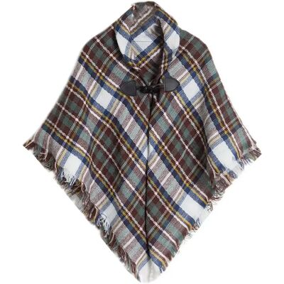 INF Stilvolles Plaid Faux Kaschmir Cape Schal mit Hornschnalle Weiß+Braun INF Stilvolles Plaid Faux Kaschmir Cape Schal mit Hornschnalle Weiß+Braun