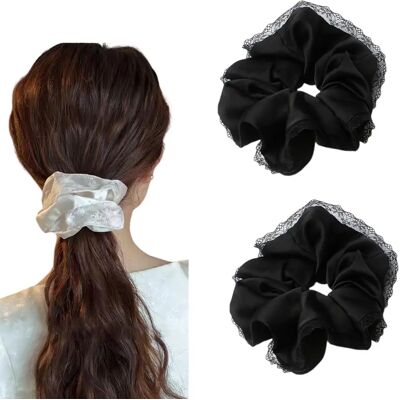 INF Premium Scrunchie aus französischer Spitze 2er-Pack – volumengebendes Polyester-Haargummi mit hochelastischem Kern Schwarz INF Premium Scrunchie aus französischer Spitze 2er-Pack – volumengebendes Polyester-Haargummi mit hochelastischem Kern Schwarz