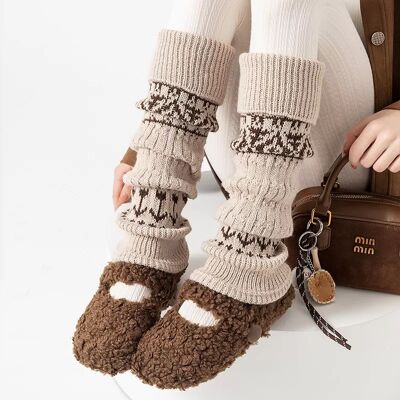 INF Fair Isle Stil Wadenstulpen - Dicke & Warme Acrylsocken Khaki INF Fair Isle Stil Wadenstulpen - Dicke & Warme Acrylsocken Khaki