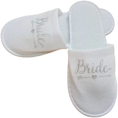 INF Braut Hausschuhe für Hochzeits-Pyjama-Partys - Weiß mit goldenem 'Bride' Schriftzug Silber INF Braut Hausschuhe für Hochzeits-Pyjama-Partys - Weiß mit goldenem 'Bride' Schriftzug Silber