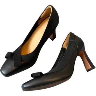 INF Retro-Stil 8cm High Heel Schuhe - Bowknot Square Toe Weiche Lederpumps Schwarz 39 INF Retro-Stil 8cm High Heel Schuhe - Bowknot Square Toe Weiche Lederpumps Schwarz 39