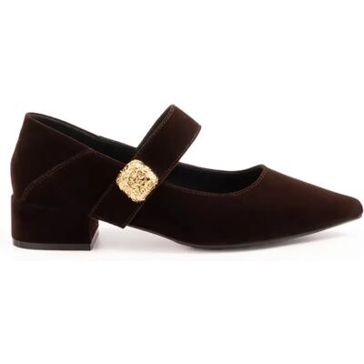 INF Elegante Mary Jane Schuhe aus Samt mit spitzer Zehenpartie und Blockabsatz Braun 37 INF Elegante Mary Jane Schuhe aus Samt mit spitzer Zehenpartie und Blockabsatz Braun 37