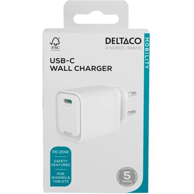 Deltaco 20W USB-C Wandladegerät - Weiß Deltaco 20W USB-C Wandladegerät - Weiß