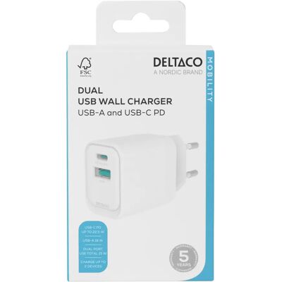 Deltaco Wandladegerät - USB-A 18W, USB-C PD 20W Deltaco Wandladegerät - USB-A 18W, USB-C PD 20W