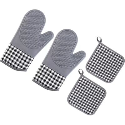 INF Graues kariertes Silikon-Tischset mit 2 Ofenhandschuhen & 2 Topflappen INF Graues kariertes Silikon-Tischset mit 2 Ofenhandschuhen & 2 Topflappen