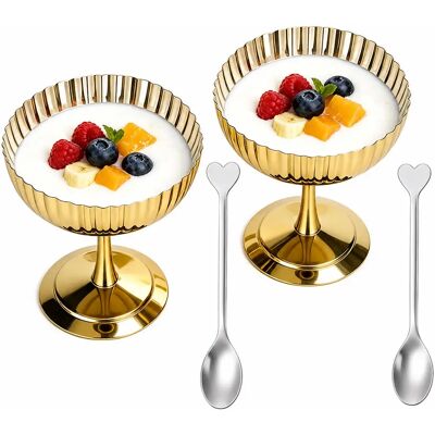 INF 2-teiliges goldenes Eisbecher-Set aus 304-Edelstahl mit Hochfuß, vertikalem Streifenmuster und Löffeln INF 2-teiliges goldenes Eisbecher-Set aus 304-Edelstahl mit Hochfuß, vertikalem Streifenmuster und Löffeln
