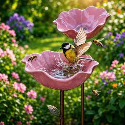INF Handgefertigte Metall-Blumen-Vogelfutterstelle Pink – blumenförmige Futterschale und dekorativer Gartenstecker, 60cm hoch INF Handgefertigte Metall-Blumen-Vogelfutterstelle Pink – blumenförmige Futterschale und dekorativer Gartenstecker, 60cm hoch