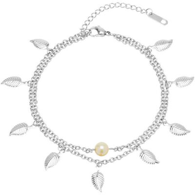 Unique Edelstahl Fußkette Blätter Perle zweireihig silber Unique Edelstahl Fußkette Blätter Perle zweireihig silber