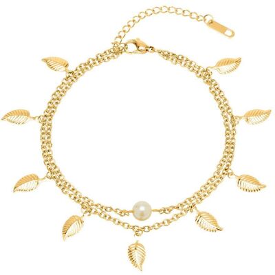 Unique Zweireihige Fußkette Blätter Perle Edelstahl gold gold Unique Zweireihige Fußkette Blätter Perle Edelstahl gold gold