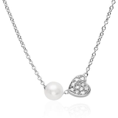 Unique 14K Weißgoldkette mit diamantbesetztem Herz und Perle silber Unique 14K Weißgoldkette mit diamantbesetztem Herz und Perle silber